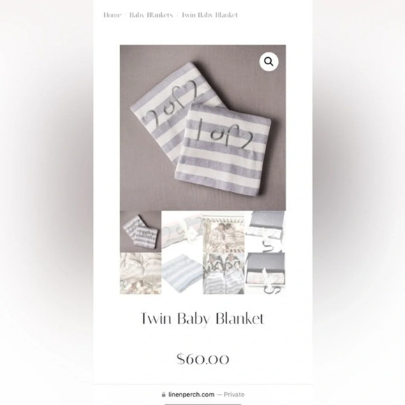 Linen Perch Twin or Sibling Baby Blanket in Gift Box “1 of 2” Blue & Gray - Picture 3 of 6